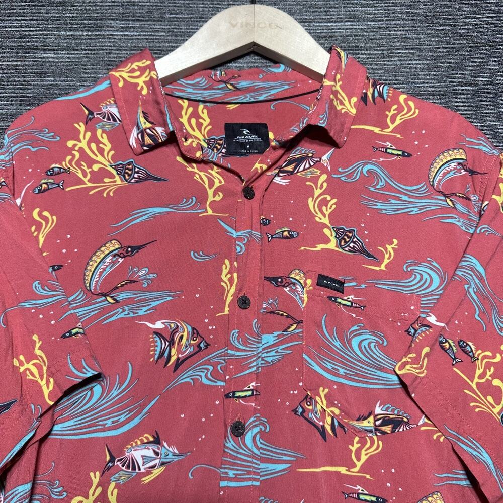 Rip Curl Shirt Men's M Red Marling Fishes Short Sleeve Button Up